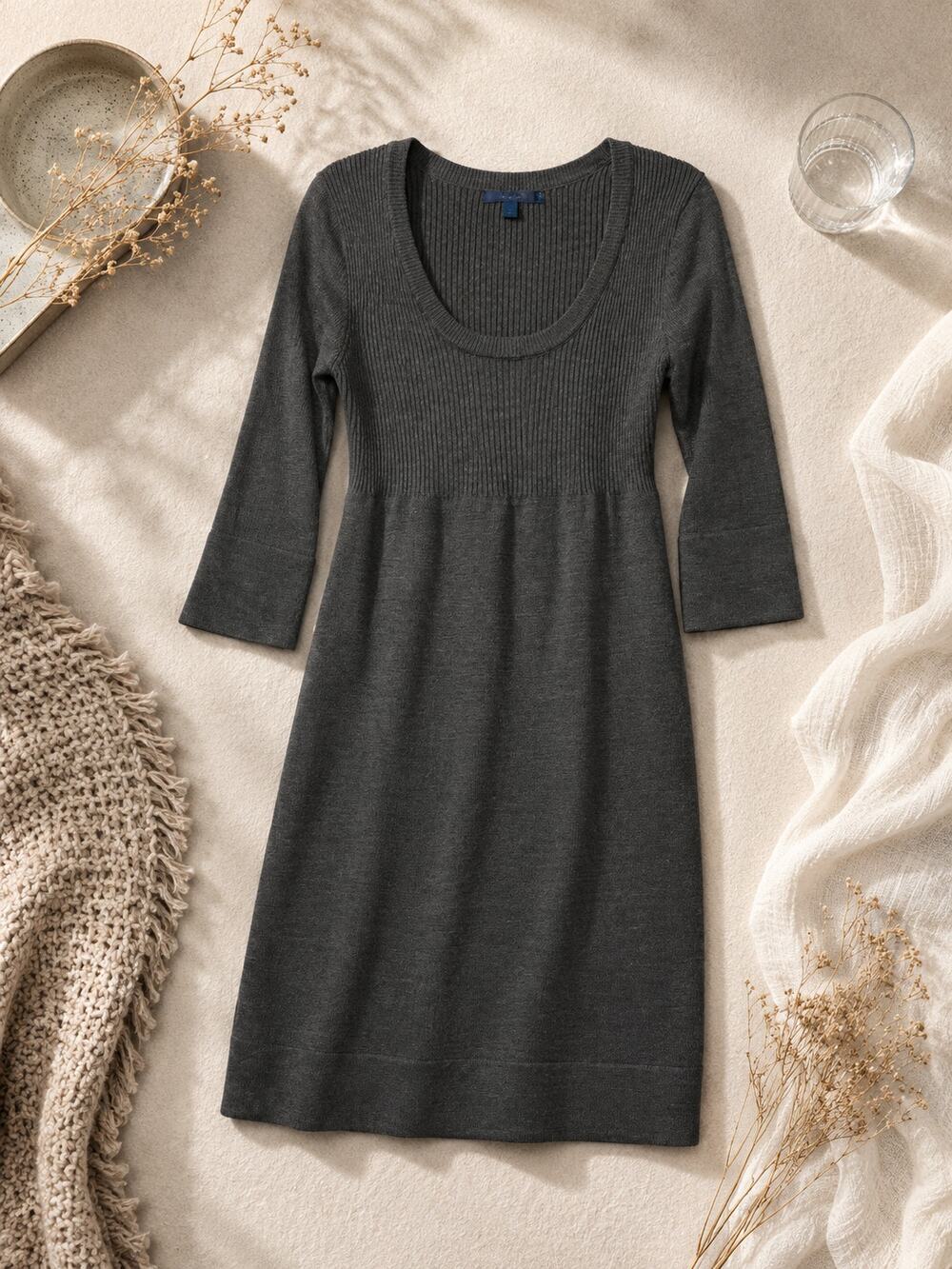 Boden Rib Knit Sweater Dress Brown Midi 3/4 Sleeve Empire Waist Academia SZ 12R